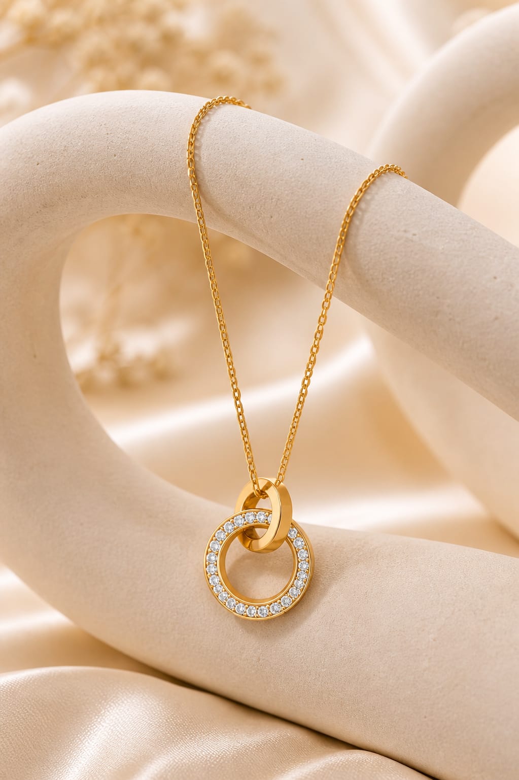 Elegant Interlocking Double Ring Gold Pendant Necklace