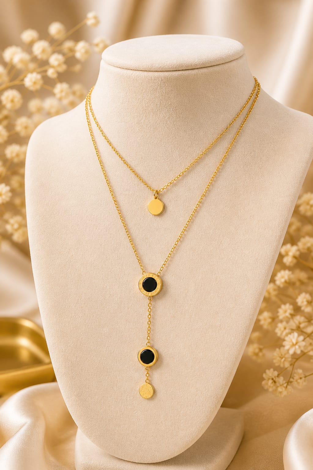 Layered Gold Disc & Black Accent Necklace