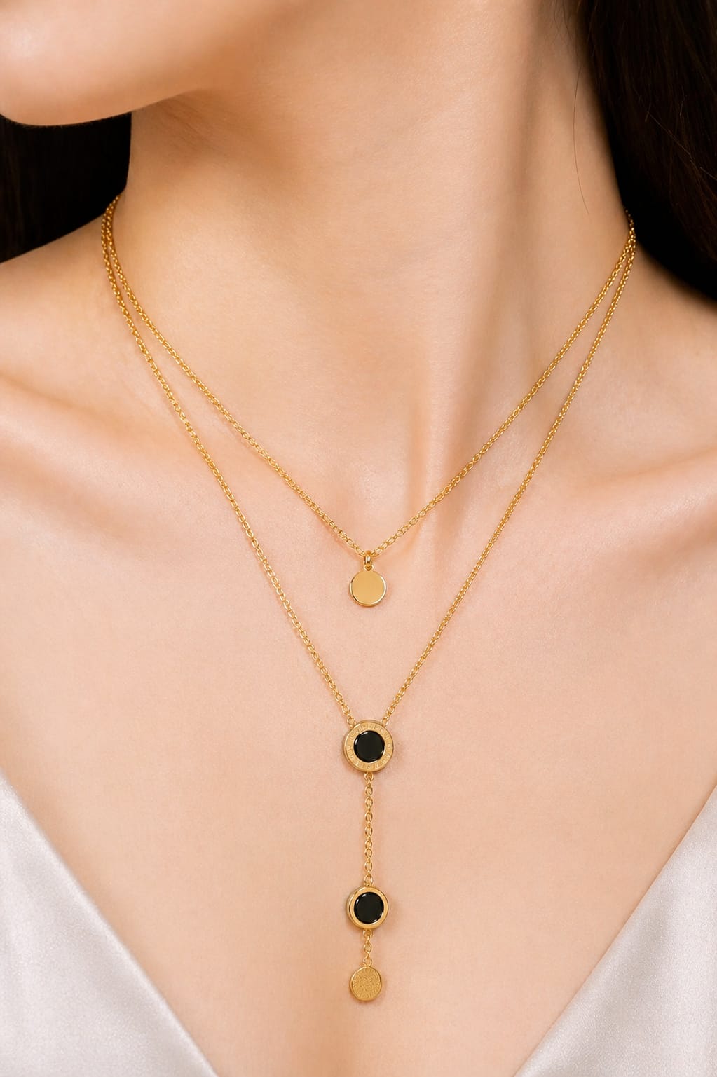 Layered Gold Disc & Black Accent Necklace