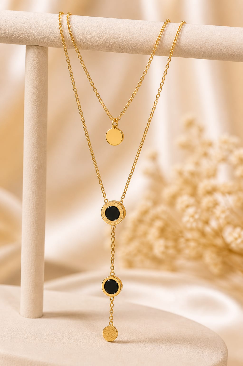 Layered Gold Disc & Black Accent Necklace