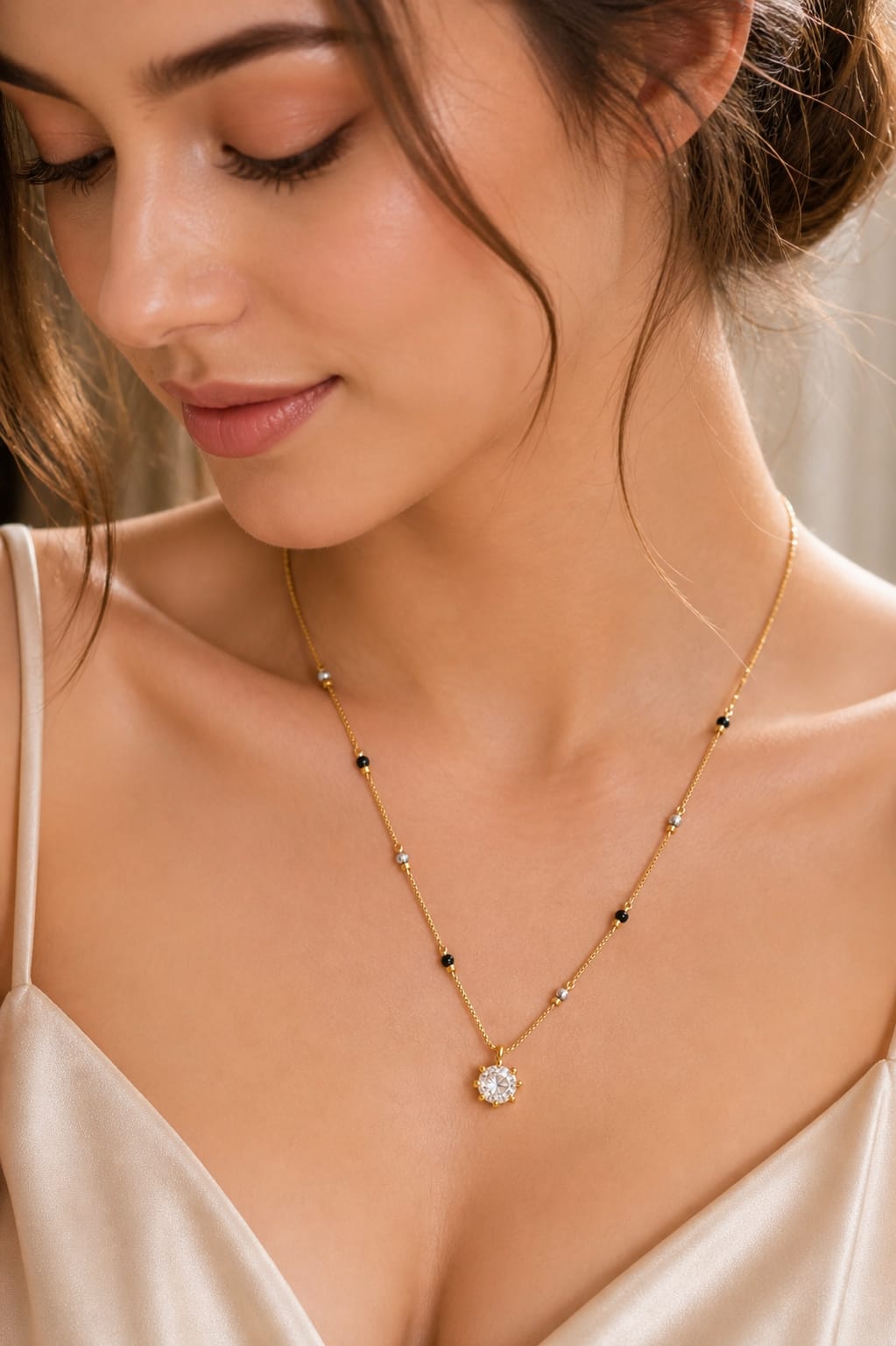 Solitaire Charm Beaded Chain Necklace