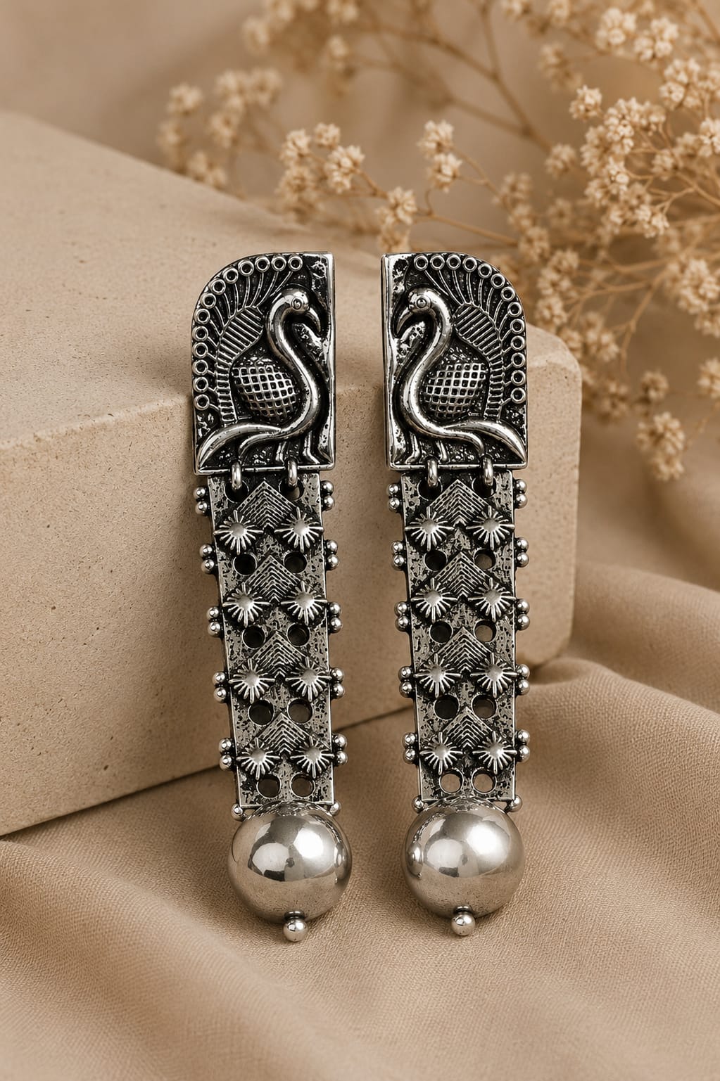 Swan Motif Long Oxidised Earrings