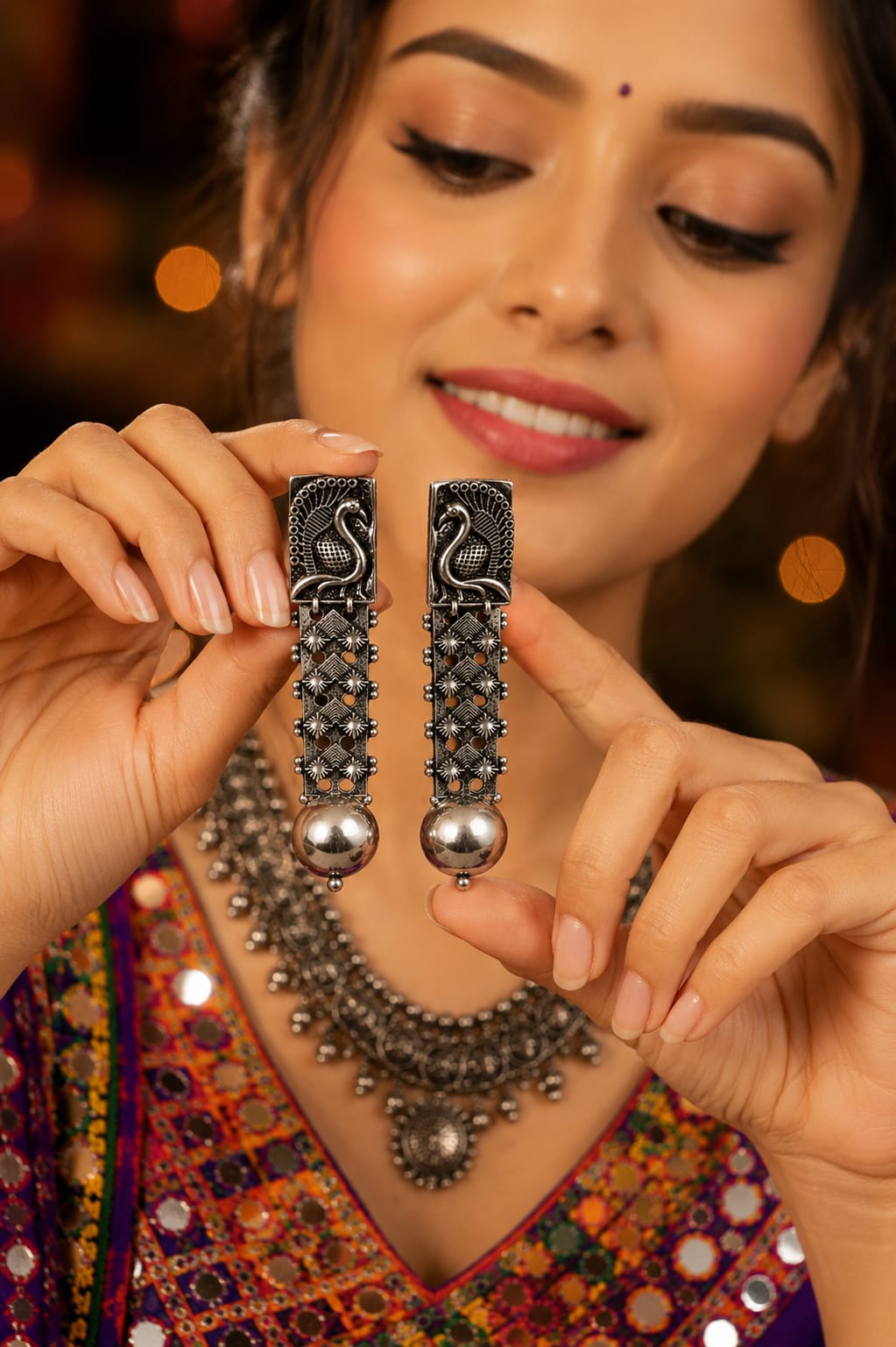 Swan Motif Long Oxidised Earrings